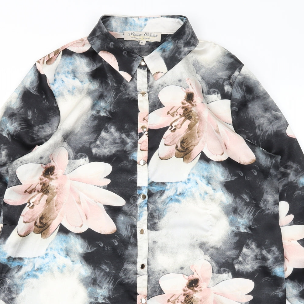 Parisian Collection Womens Grey Floral   Button-Up Size 14