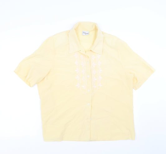 Front view of Design essentials women’s yellow basic blouse, size UK 16, - embroidered detail
