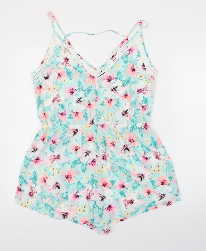 New Look Womens Blue Floral Romper One-Piece Size L