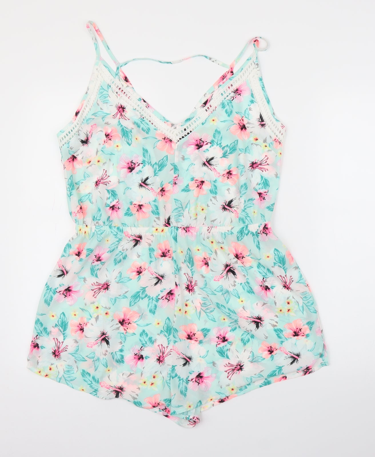 New Look Womens Blue Floral  Romper One-Piece Size L