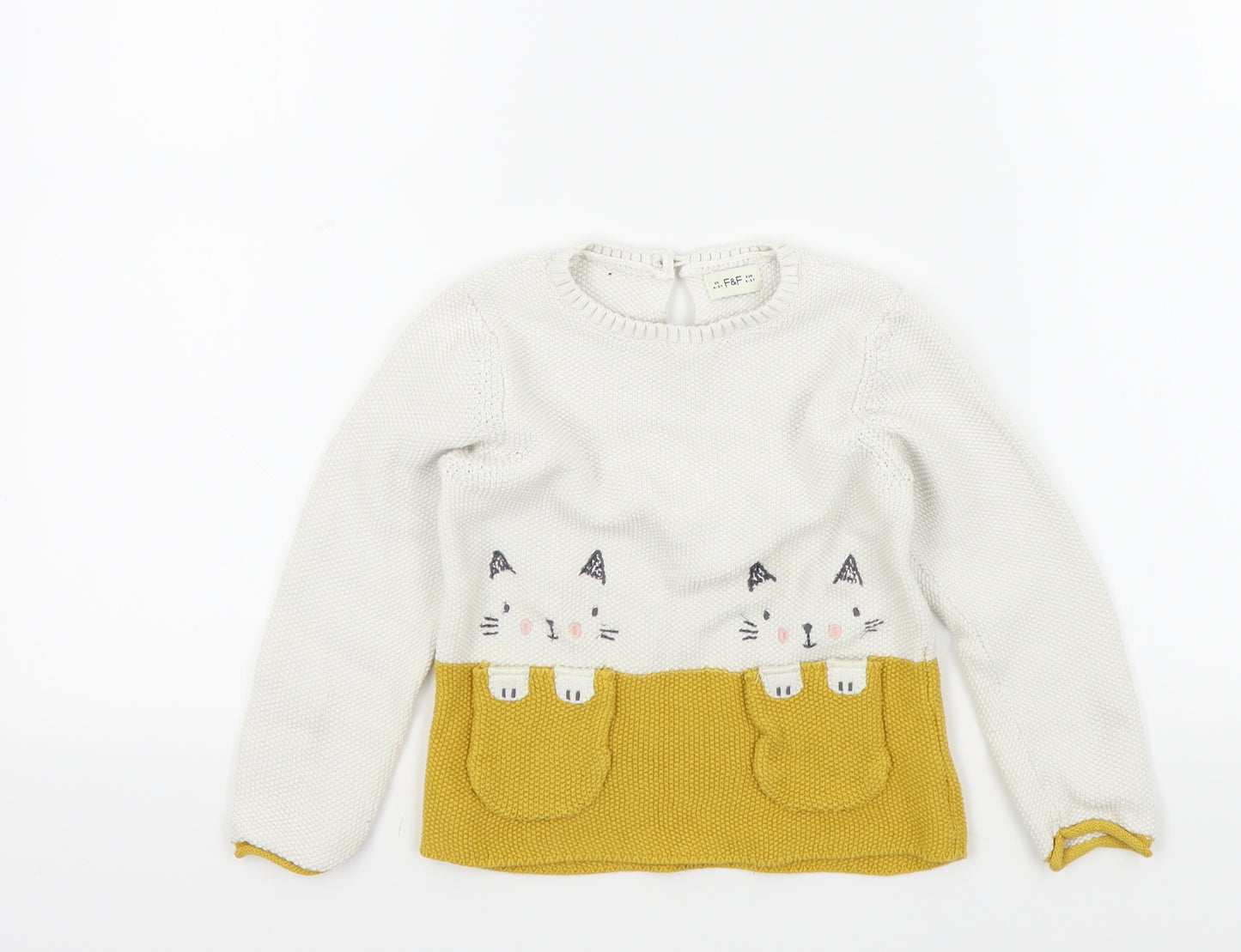 F&F Girls Beige Colourblock  Pullover Jumper Size 4-5 Years  - CATS