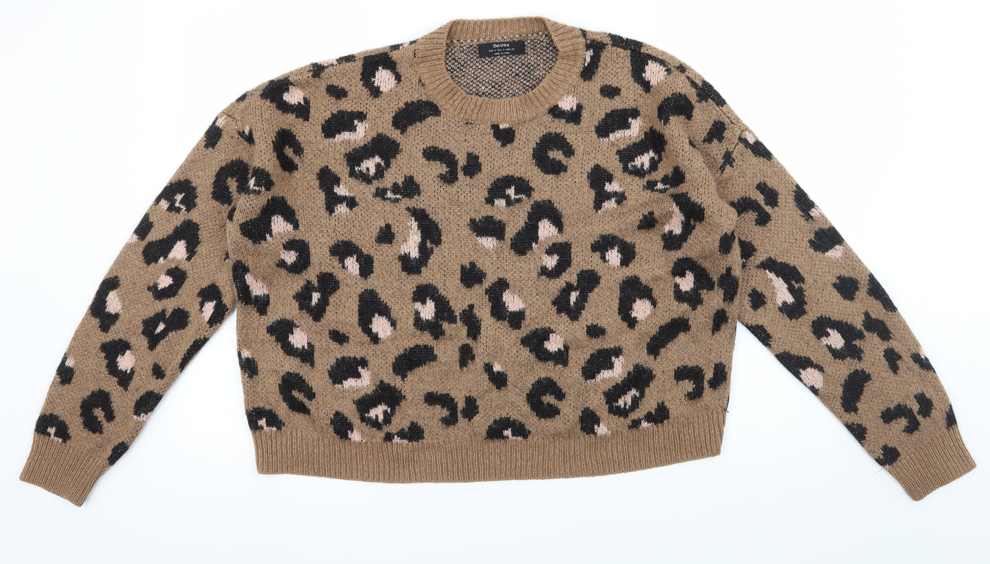 Bershka Womens Brown Animal Print Knit Pullover Jumper Size S