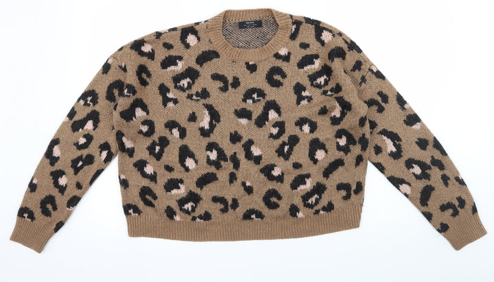 Bershka Womens Brown Animal Print Knit Pullover Jumper Size S
