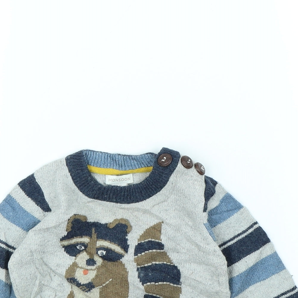 Monsoon Boys Grey   Pullover Jumper Size 6-9 Months  - Racoon