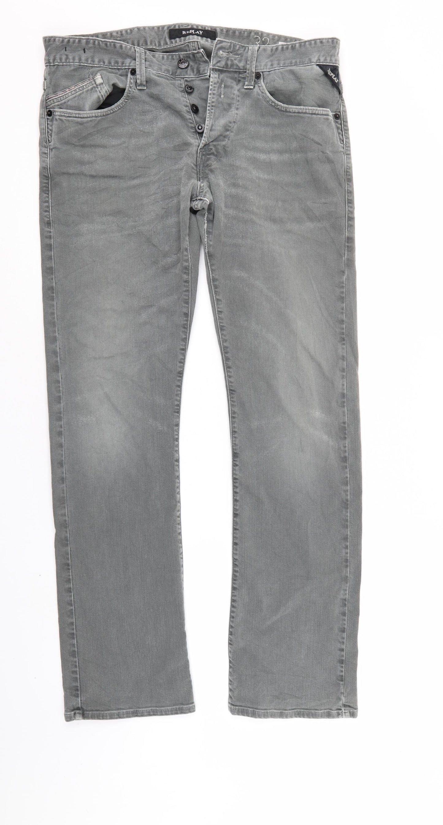 Replay Mens Grey  Denim Straight Jeans Size 32 L32 in
