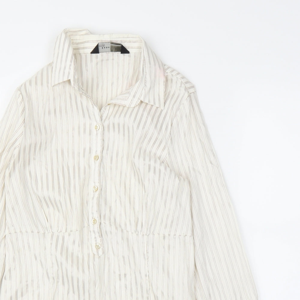 Zara Womens Ivory Striped  Basic Button-Up Size M