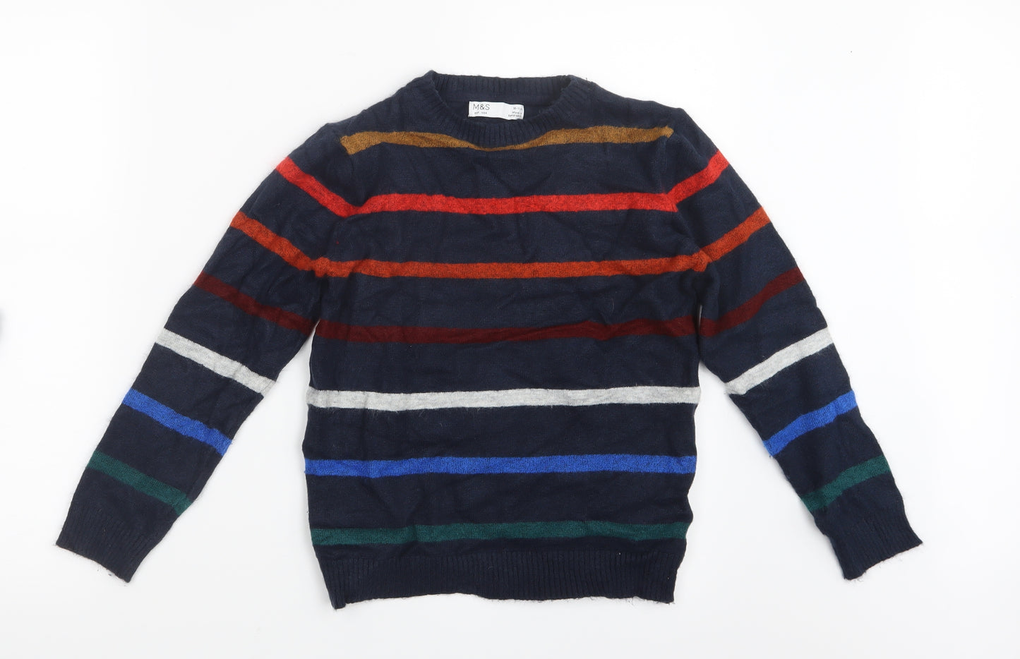 Marks and Spencer Boys Blue Striped Knit Pullover Jumper Size 10-11 Years