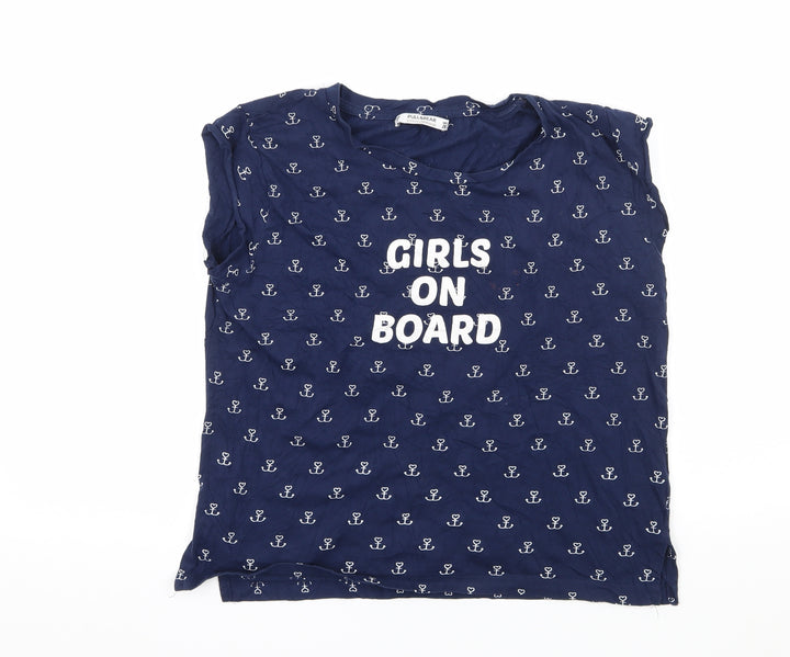 Pull&Bear Womens Blue Geometric Jersey Basic T-Shirt Size S - Girls on Board