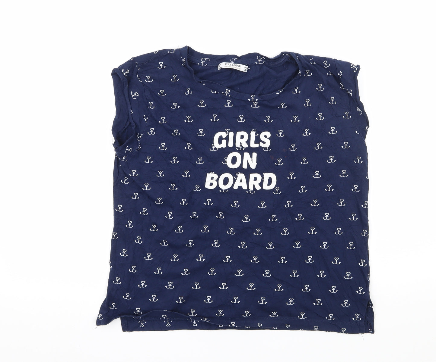 Pull&Bear Womens Blue Geometric Jersey Basic T-Shirt Size S  - Girls on Board