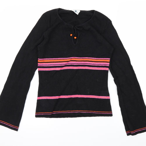 New Look Womens Black Striped  Pullover Jumper Size 14  - Tie Up Neck