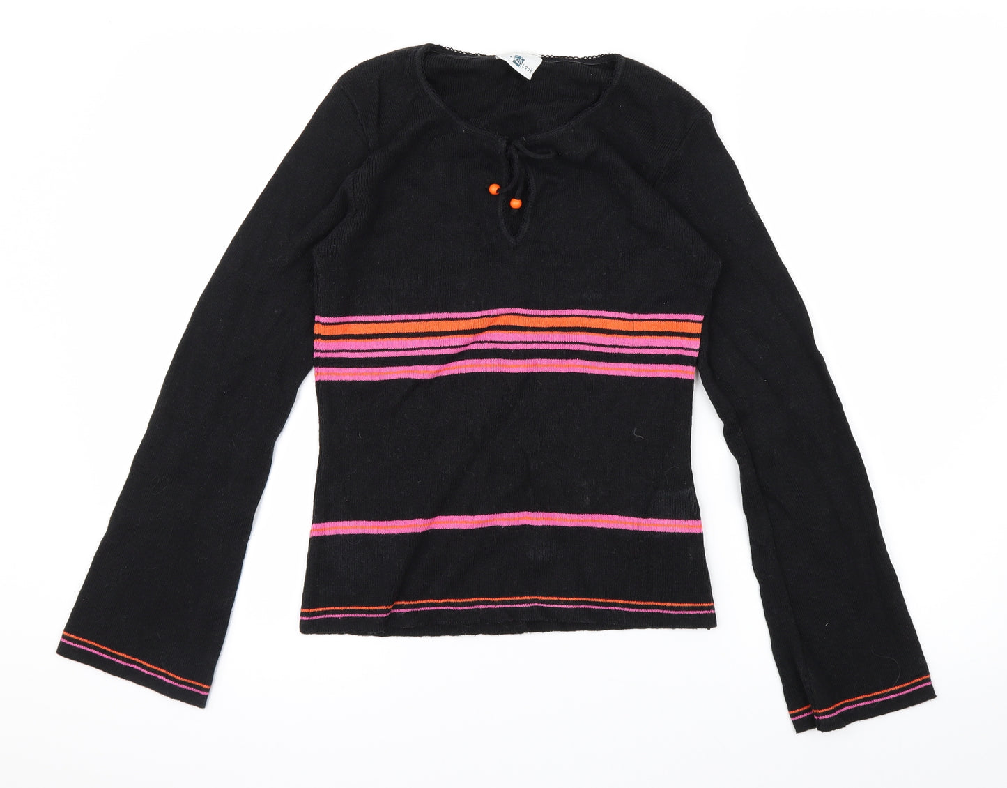 New Look Womens Black Striped  Pullover Jumper Size 14  - Tie Up Neck