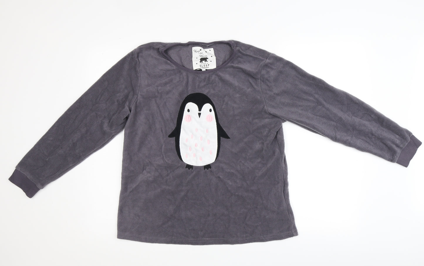 Debenhams Womens Grey Solid Fleece Top Pyjama Top Size 14  - Penguin Applique