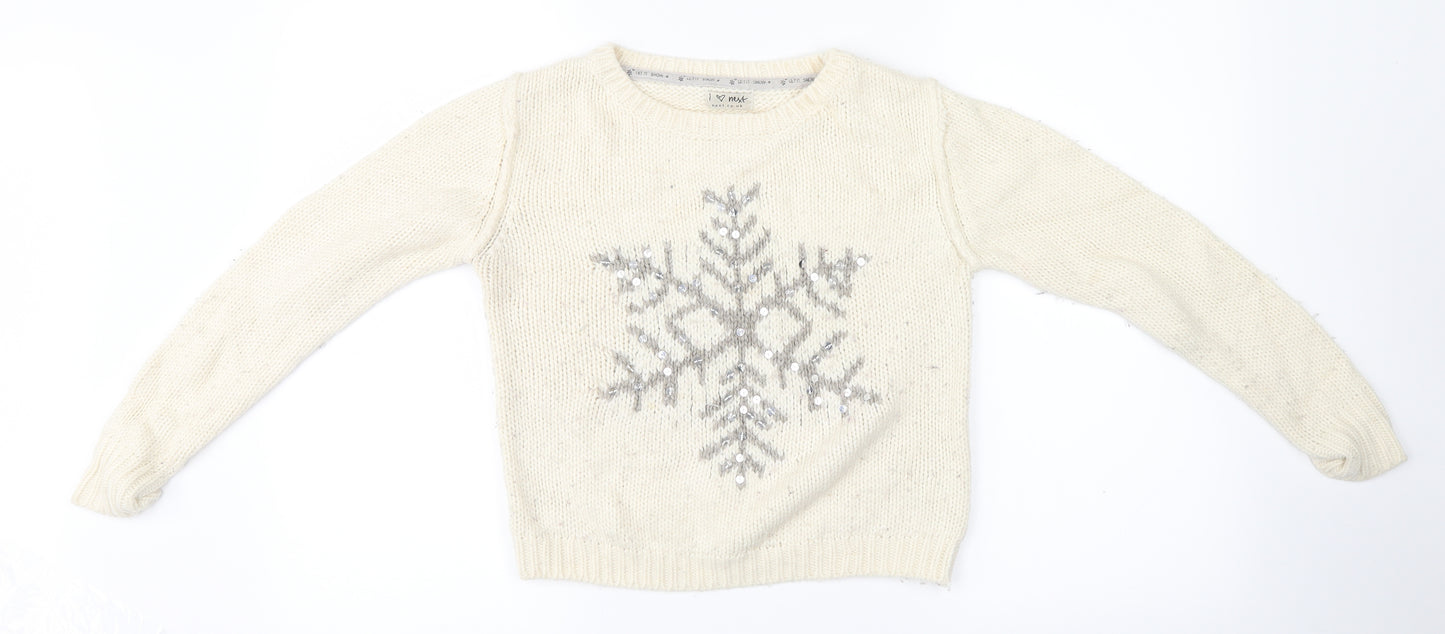 NEXT Girls White  Knit Pullover Sweatshirt Size 9-10 Years  - Christmas Snowflake