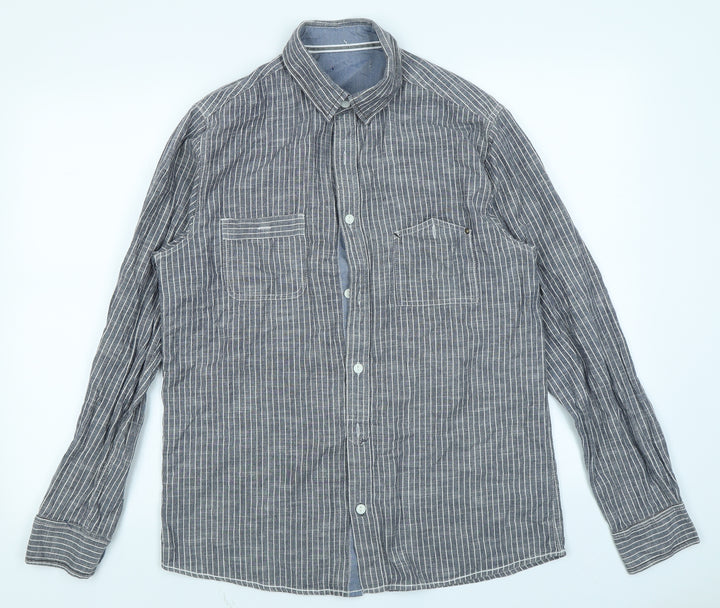 Peacocks Mens Grey Striped Button-Up Size M