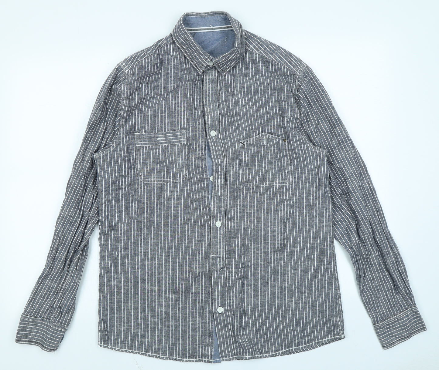 Peacocks Mens Grey Striped   Button-Up Size M