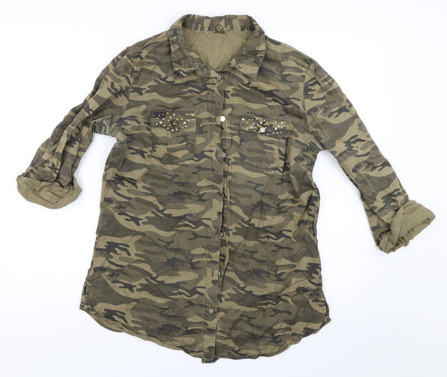 Primark Womens Green Camouflage  Basic Button-Up Size 12