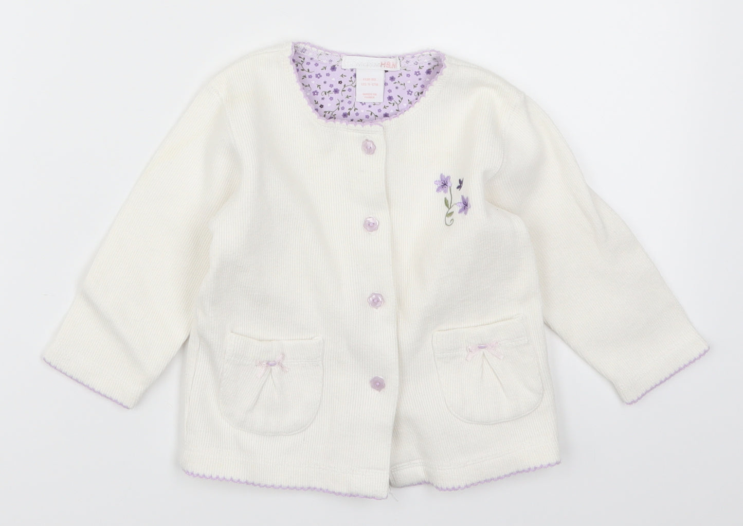 H&M Girls White Floral  Cardigan Jumper Size 9-12 Months  - Purple Flowers