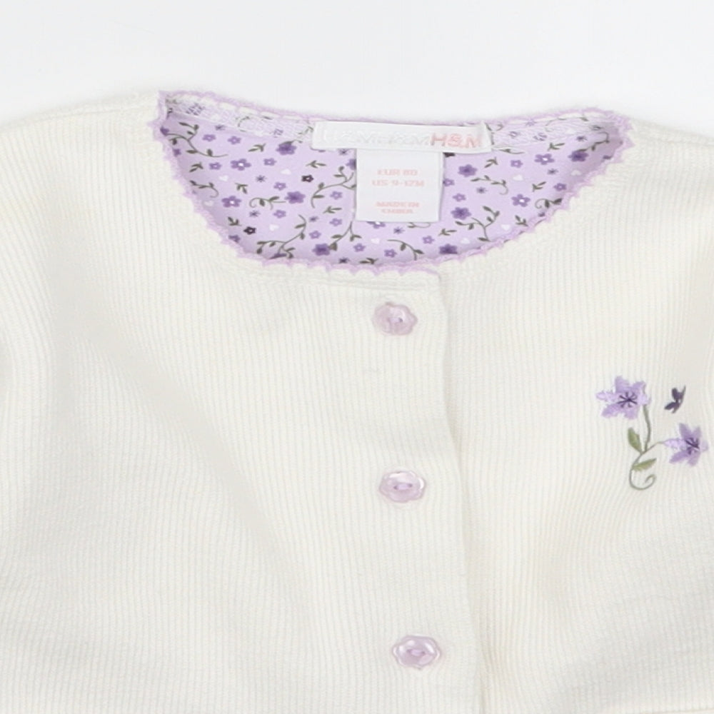 H&M Girls White Floral  Cardigan Jumper Size 9-12 Months  - Purple Flowers