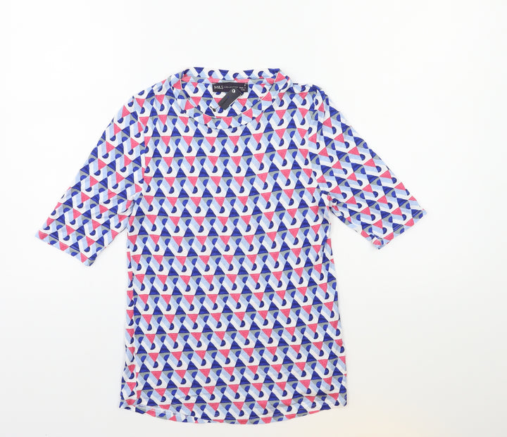 Marks and Spencer Womens Blue Geometric  Basic T-Shirt Size 8