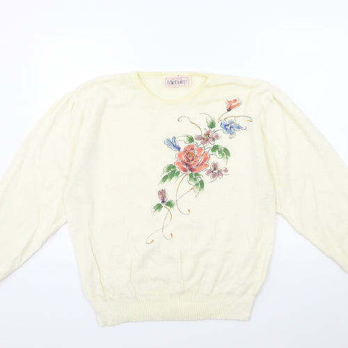 MINT JULEP Womens White Floral Knit Pullover Jumper Size L