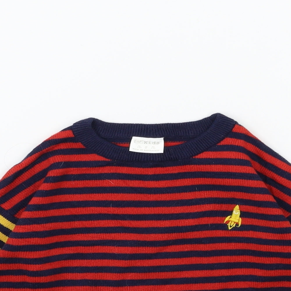 F&F Boys Red Striped Knit Pullover Jumper Size 3-4 Years