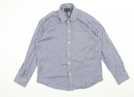 Front view of Marks & Spencer men’s blue check button-up, size L