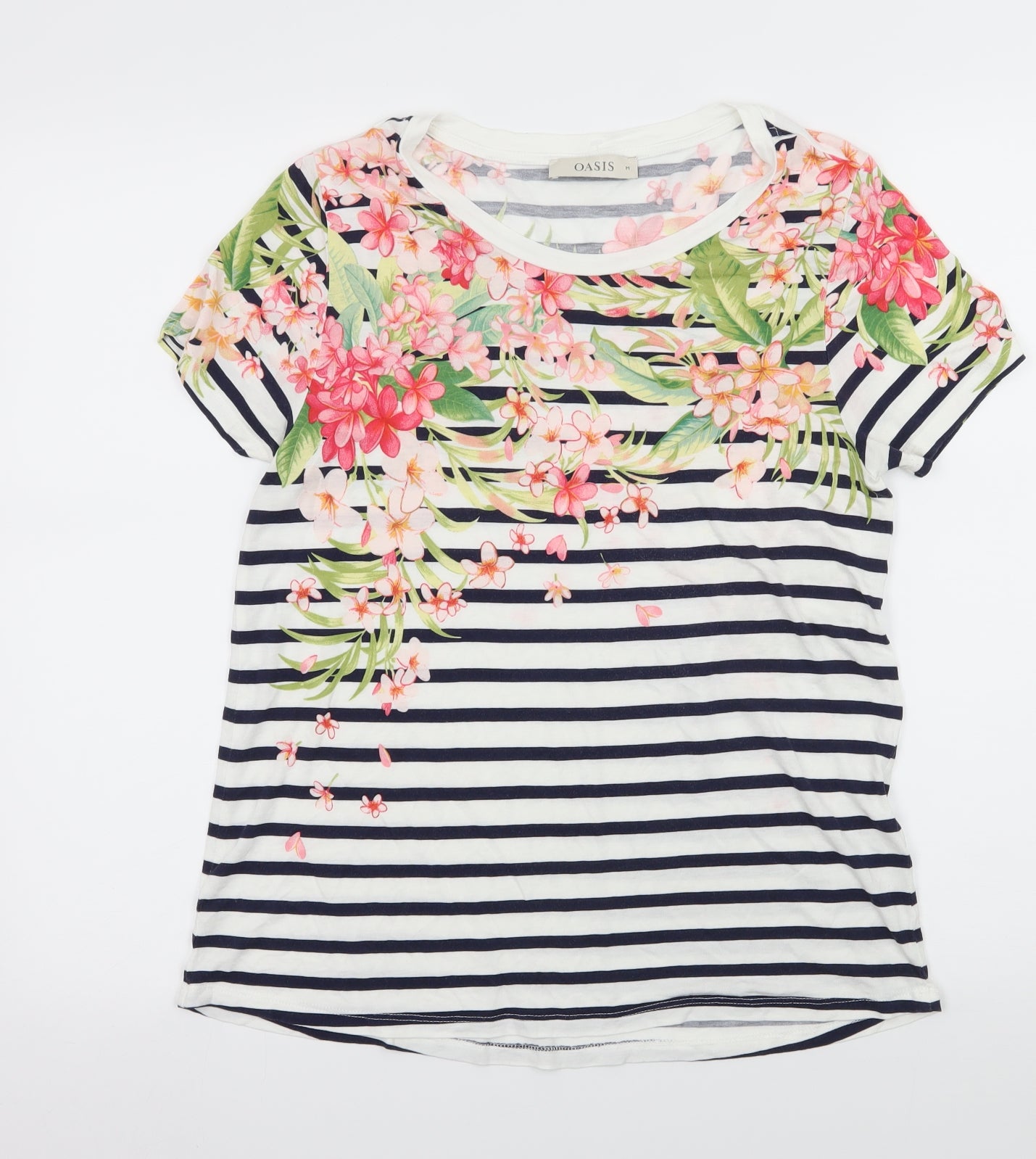 Oasis Womens White Striped Jersey Basic T-Shirt Size M  - Floral