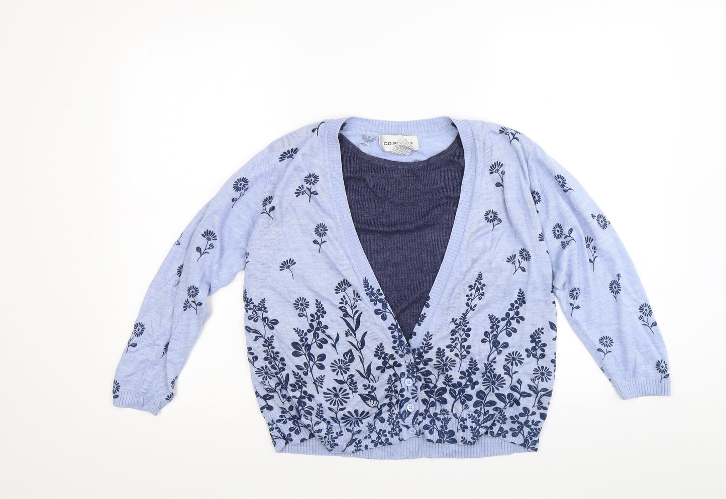 C D Petites Womens Blue Floral Knit Cardigan Jumper Size M