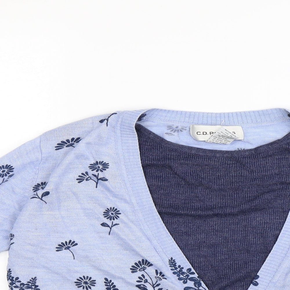C D Petites Womens Blue Floral Knit Cardigan Jumper Size M