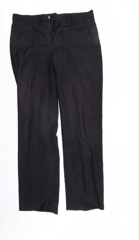 Front view of Burton men’s black trousers, size 32, 31-inch leg