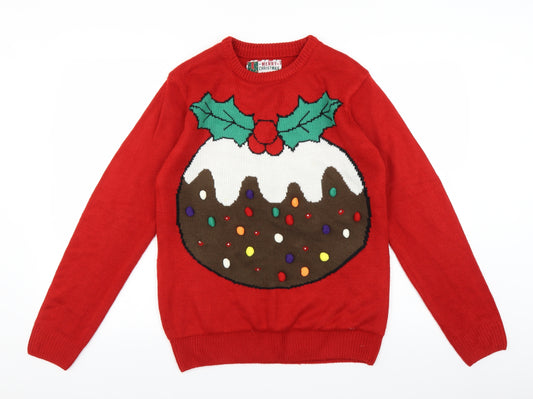 Front view of Cedarwood State men’s red knit jumper, size S, - christmas