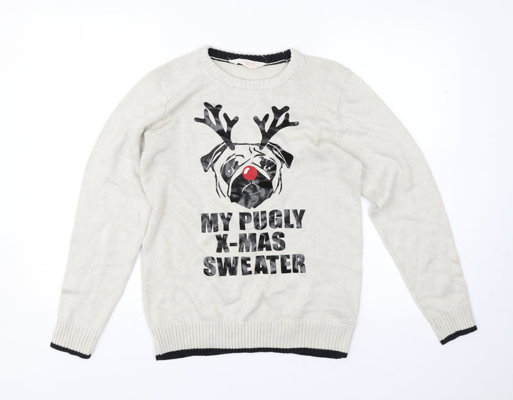 H&M Girls Brown Pullover Jumper Size 13-14 Years - My pugly x-mas jumper