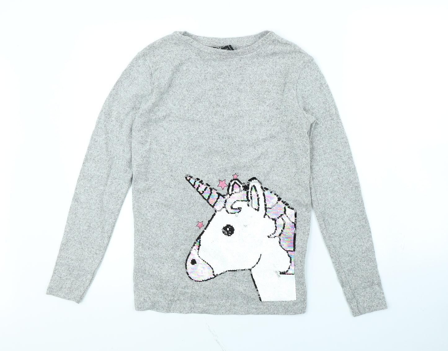 Preworn Girls Grey   Pullover Jumper Size 13 Years  - Unicorn