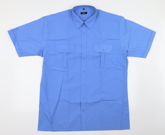 Front view of disley men’s blue button-up, size 17
