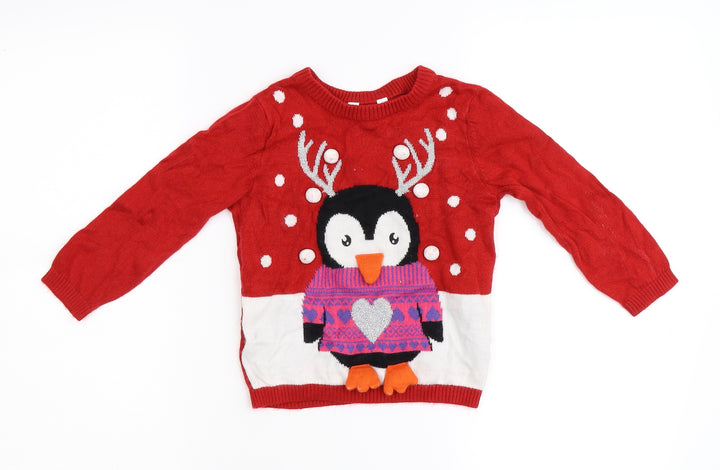 M&Co Girls Red  Knit Pullover Jumper Size 2-3 Years  - Winter Penguin