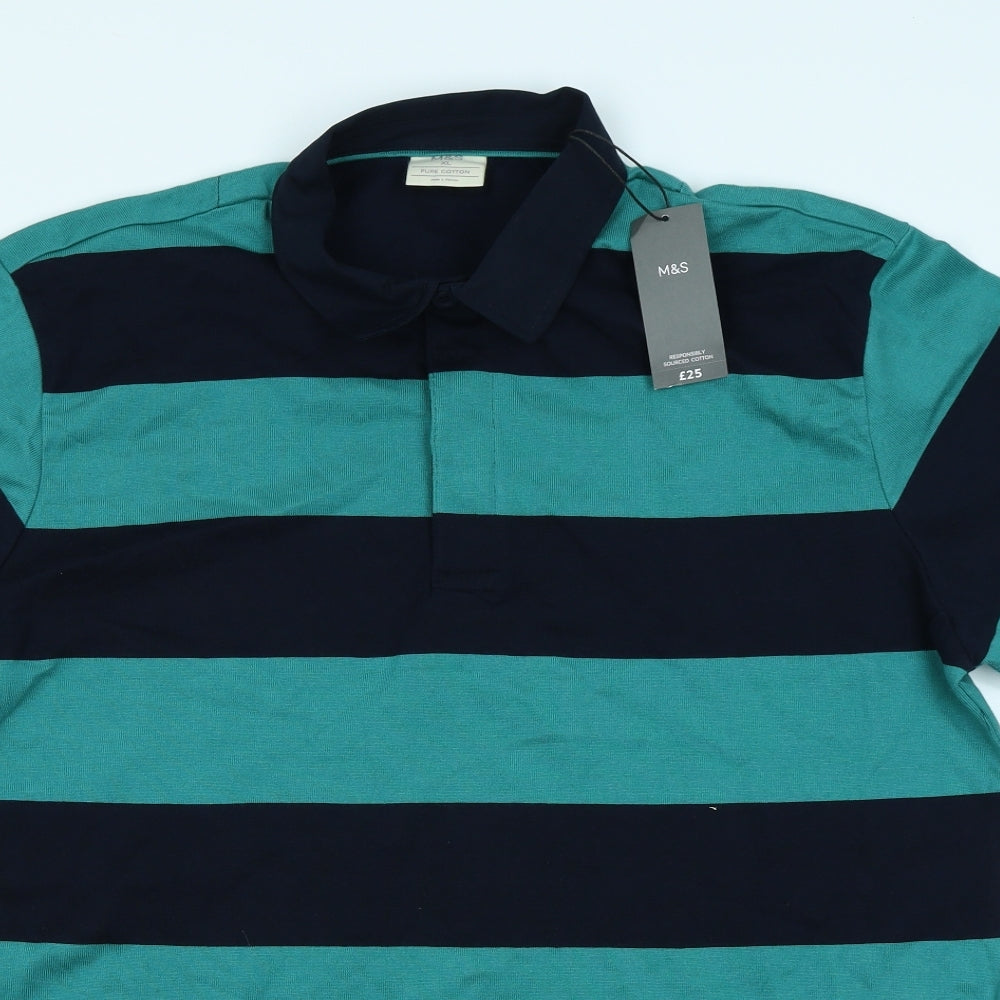 M&S  Mens Blue Striped   Polo Size XL