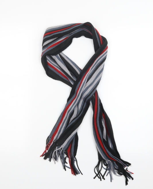 Front view of Preworn men’s black striped knit scarf one size