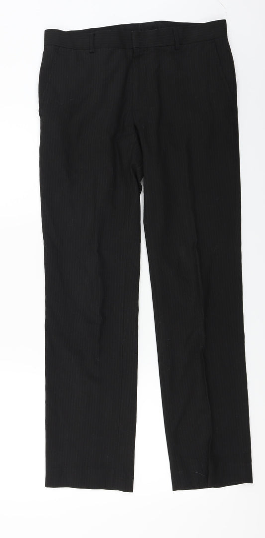 Front view of Preworn men’s black trousers, size 32, in, 27-inch leg