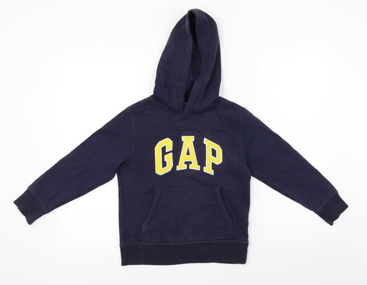 Front view of Gap boys’ blue pullover hoodie, size S