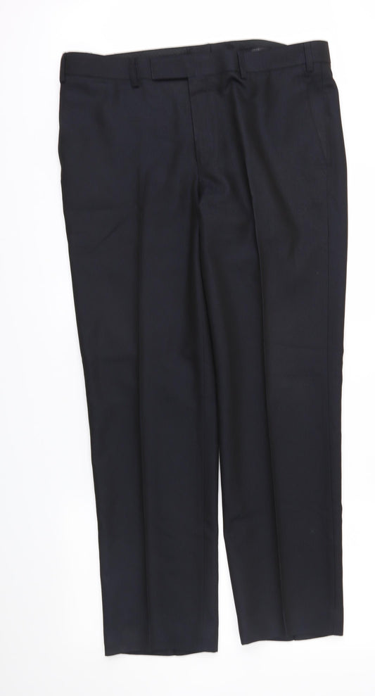Front view of AAbhushan men’s blue trousers, size 38, in, 31-inch leg
