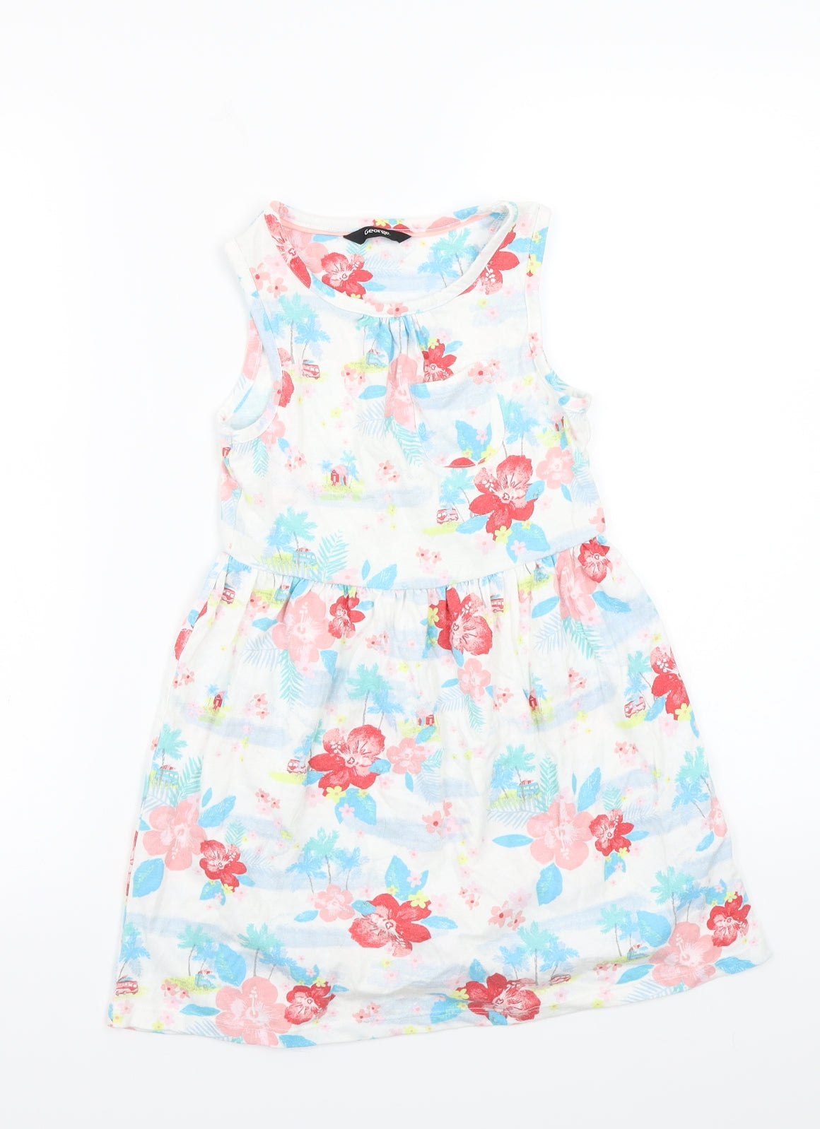 George Girls White Floral Ramie A-Line  Size 6-7 Years