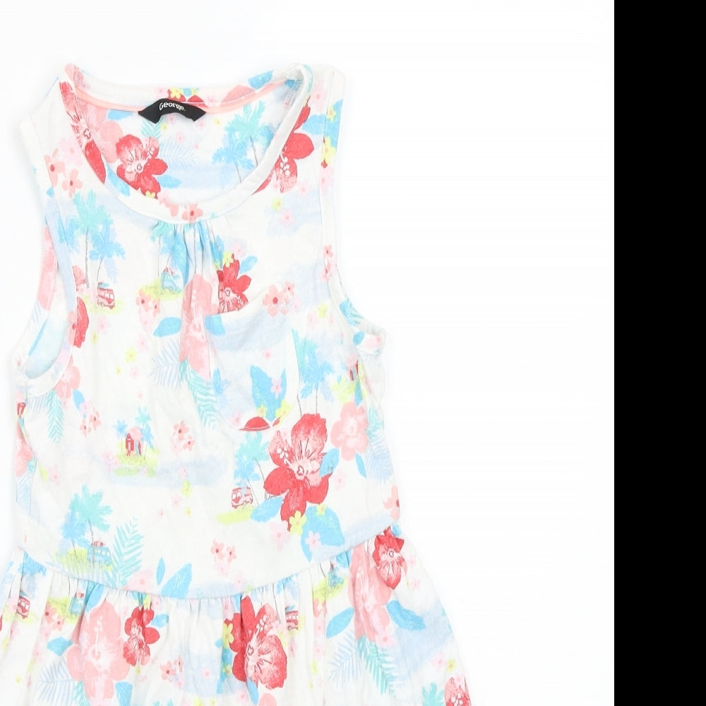 George Girls White Floral Ramie A-Line  Size 6-7 Years
