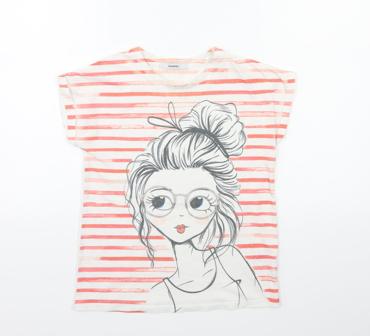 George Girls White Striped  Basic T-Shirt Size 10 Years