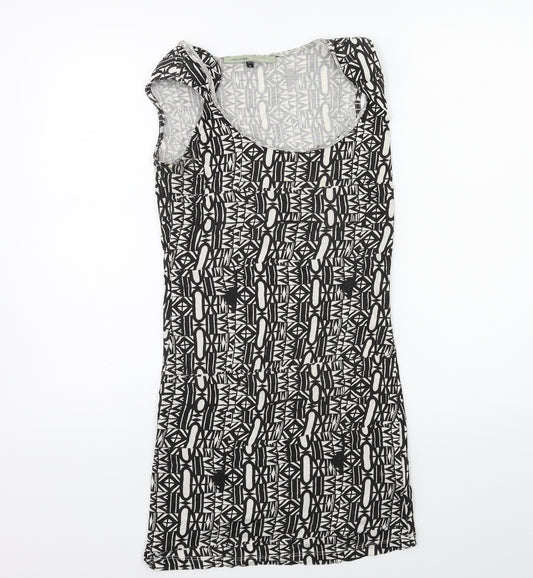 Front view of River Island women’s black geometric tank dress, size UK 8, - shoulder pads