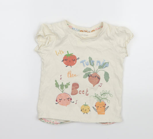Front view of Nutmeg girls’ ivory geometric jersey basic t-shirt, size 3, years - lets turnip the beet