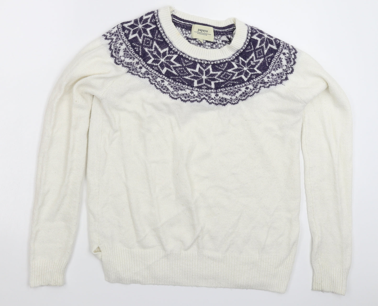 Papaya Womens White Geometric Knit Pullover Jumper Size S