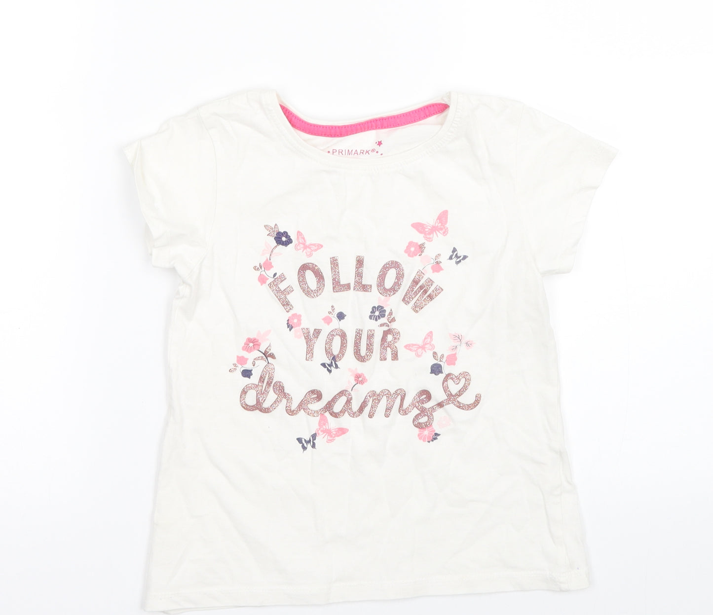 Primark Girls White   Basic T-Shirt Size 6-7 Years  - Follow your Dreams
