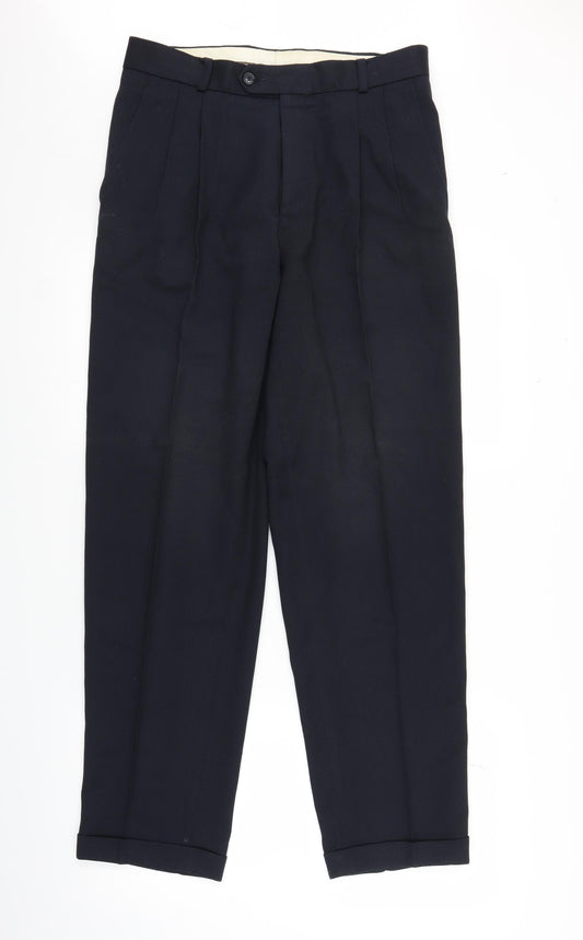 Front view of Debenhams men’s blue trousers, size 32, in, 30-inch leg