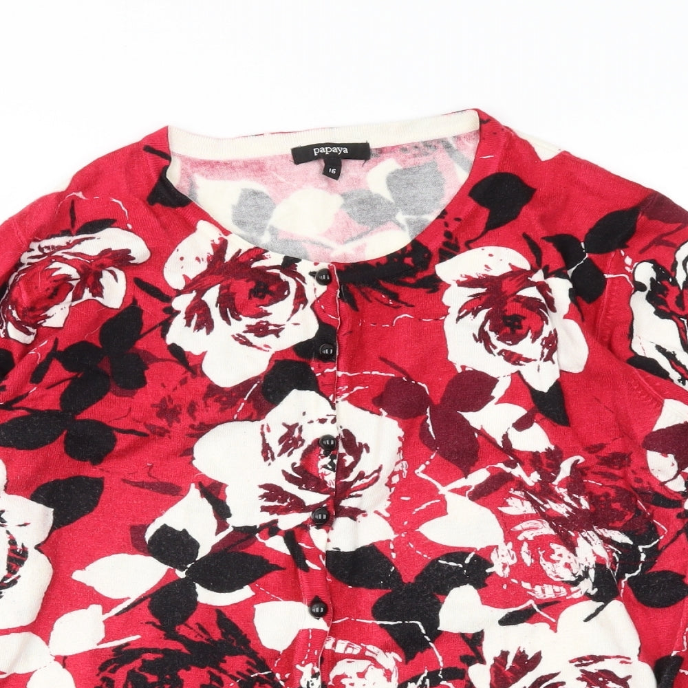 Papaya Womens Red Floral  Cardigan Jumper Size 16