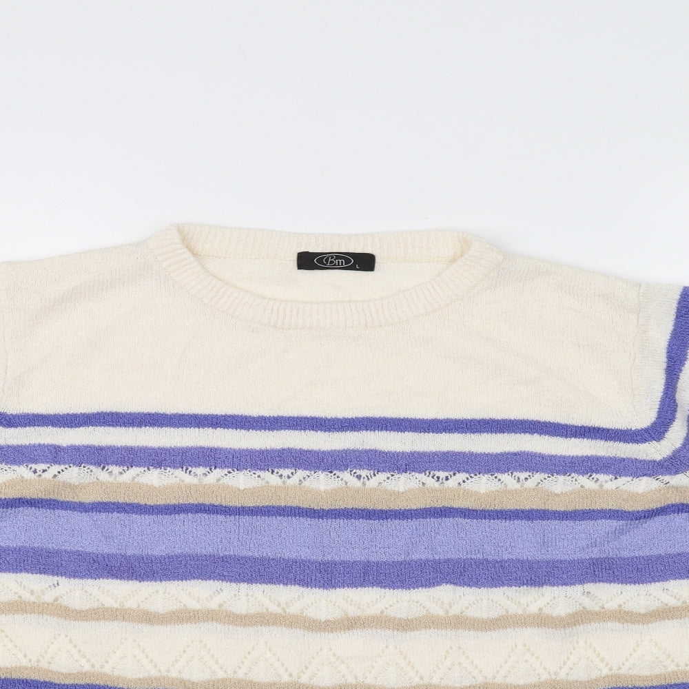 BM Womens White Striped  Pullover Jumper Size L